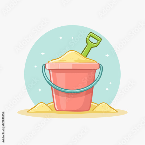 Pink plastic sand bucket with a green shovel filled with yellow sand in a cute cartoon style.