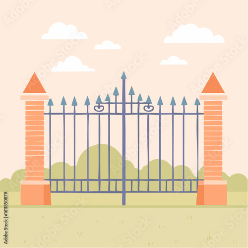 Elegant blue wrought iron gate with spearhead finials flanked by orange brick pillars A classic illustrated entrance design.
