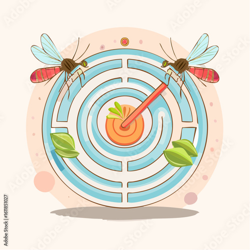 A stylized illustration of two mosquitoes on a circular blue labyrinth puzzle with a carrot slice center.