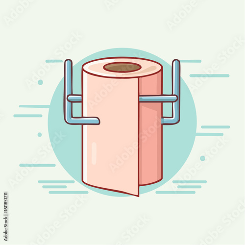 Wallpaper Mural A cartoon illustration of a pink toilet paper roll on a simple modern blue wall-mounted holder. Torontodigital.ca