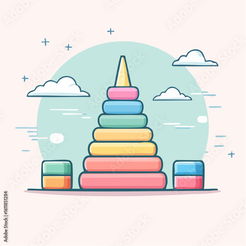 A colorful stacking ring pyramid toy with a conical top and two blocks illustrated in a simple flat cartoon style with pastel colors.
