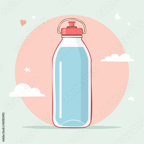 Illustrated reusable water bottle with a red cap and handle filled with light blue water.
