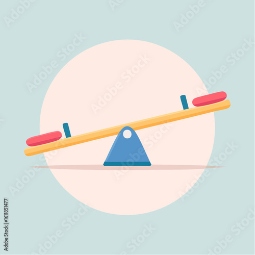 Minimalist flat design seesaw with a yellow plank red seats and a blue triangular fulcrum slightly tilted.