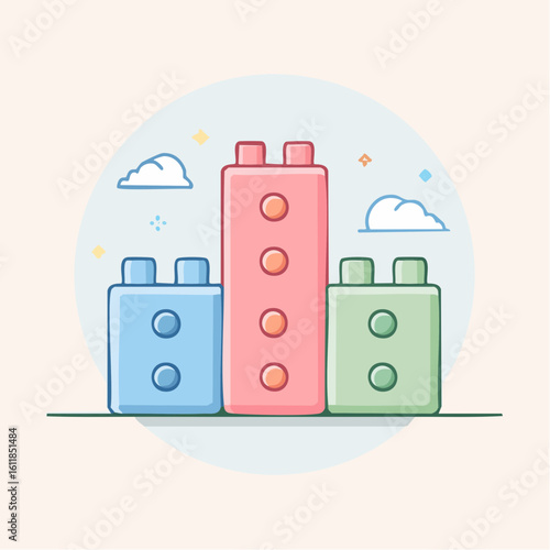 Cute cartoon illustration of three pastel-colored interlocking toy building blocks.