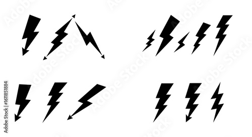 Black and white lightning bolt icons in various styles and orientations