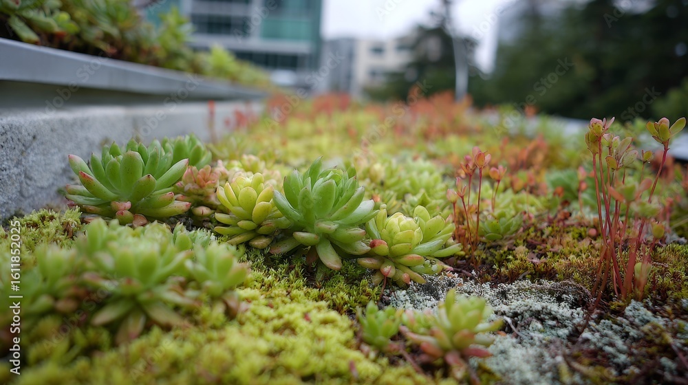 Obraz premium Living roof moss and succulents on sustainable building surface