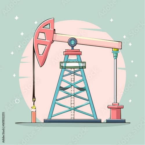Stylized cartoon oil pump jack with a pink horsehead and blue derrick structure.