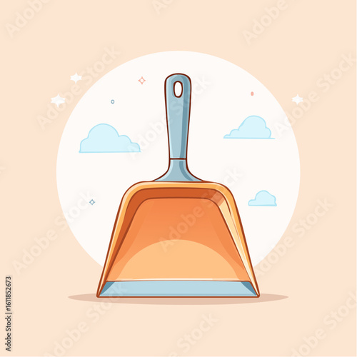 Stylized cartoon dustpan with a light blue handle and vibrant orange rim Clean flat illustration of a household cleaning tool.