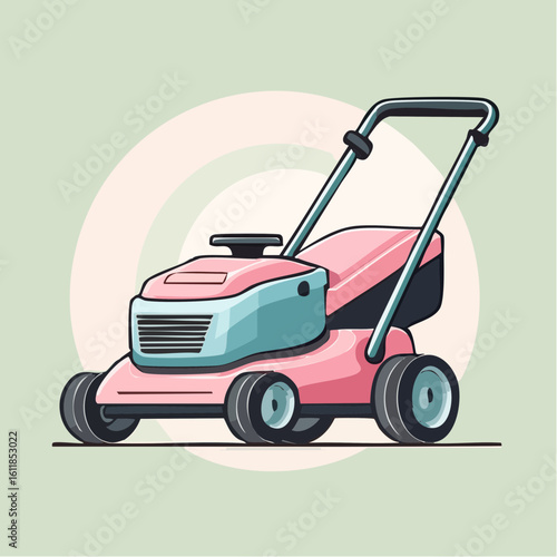 Stylized pink and light blue push lawnmower illustration A modern cartoon design of a garden grass cutter with four wheels and a dark handlebar.