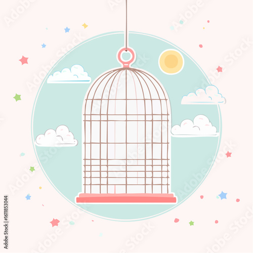 Decorative empty birdcage illustration with a domed top and a coral pink base.