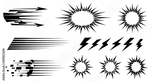 Comic speed lines explosion effects and lightning bolts in vector format