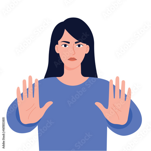 Woman Showing Stop Gesture with Palms Vector Illustration