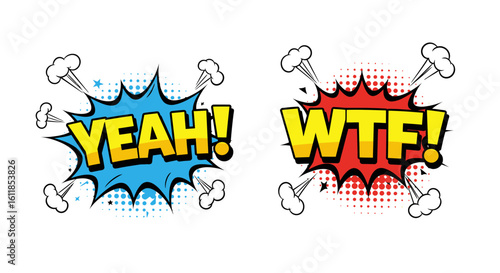 Colorful Comic Speech Bubbles with Expressions Yeah and WTF on White Background