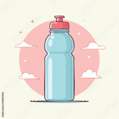 Illustrated light blue reusable sports water bottle with a red push-pull cap and ergonomic design.