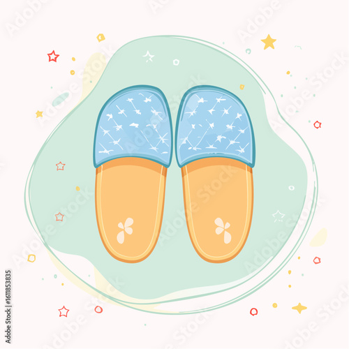 Cute illustrated pair of yellow and blue house slippers with a starry pattern and floral details.