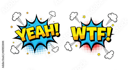 Comic Book Style Speech Bubbles with Expressions Yeah and WTF Isolated