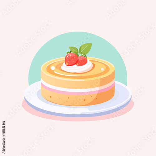 Illustrated layered sponge cake with orange glaze whipped cream and fresh strawberry garnish on a white plate.