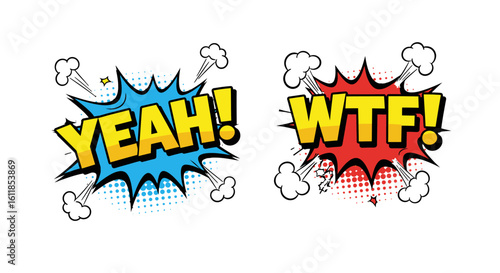 Comic Speech Bubbles with Expressions Yeah and WTF on White Background