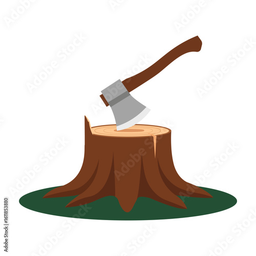Axe in tree stump cutting tree environmental damage save tree concept vector illustration