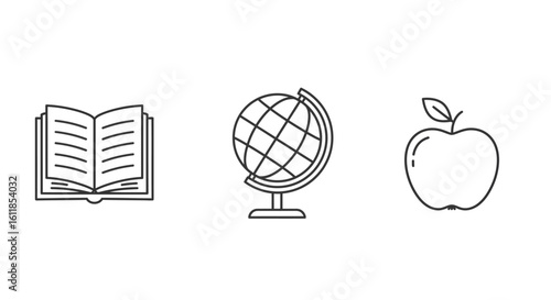 Simple Outline Icons of Book Globe and Apple for Education Concepts