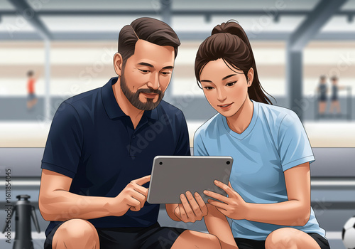A bearded man and a woman interact while viewing content on a tablet, emphasizing teamwork and collaboration in a training setting