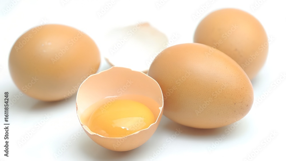 Fresh Brown Eggs with Cracked Shell and Yolk on White Background Fresh Brown Eggs with Cracked Shell and Yolk on White Background