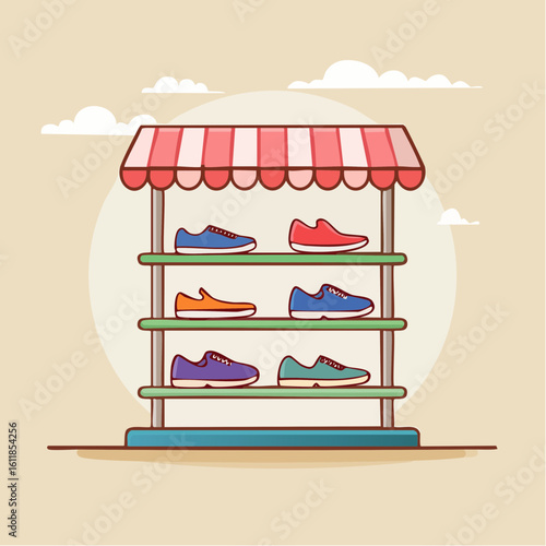 Cartoon shoe stall with a striped awning displaying colorful sneakers on green shelves.