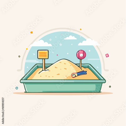 A cute illustrated green sandbox filled with yellow sand a small shovel and two colorful signs.