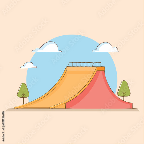 Colorful cartoon skate ramp with an orange slope red base and a safety railing on top.