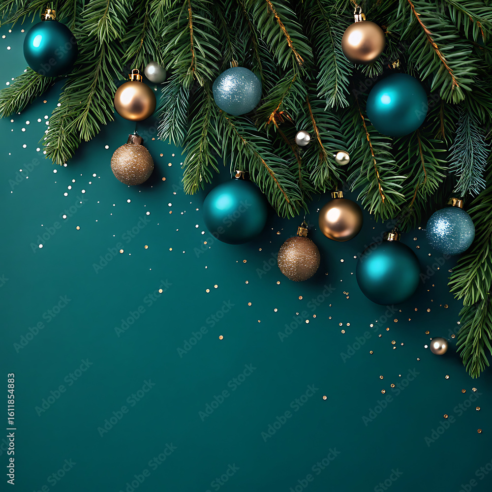 Fototapeta premium Festive christmas tree branches adorned with teal and gold ornaments