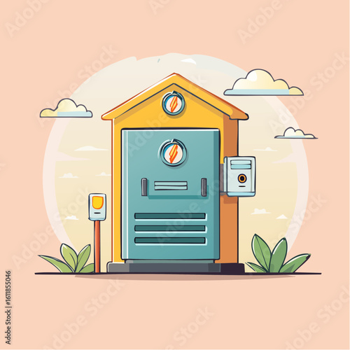 Yellow cartoon garage with a white door electric meter and outdoor sensor light.