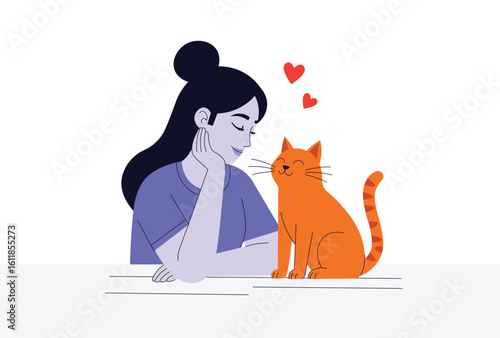 Happy Woman with cat, animal lover concept vector illustration.