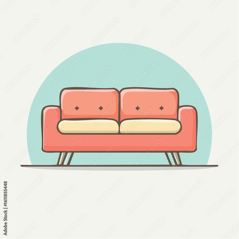 Cute cartoon two-seater sofa in coral pink and yellow with modern angled legs and button details. Cute cartoon two-seater sofa in coral pink and yellow with modern angled legs and button details.