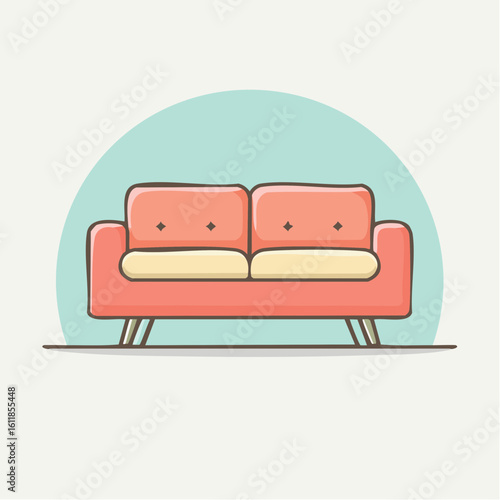 Cute cartoon two-seater sofa in coral pink and yellow with modern angled legs and button details.