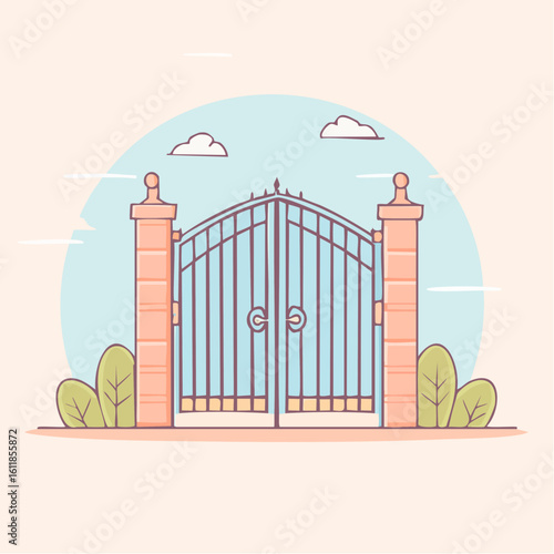Elegant cartoon illustration of a closed wrought iron gate with decorative brick pillars and finials.