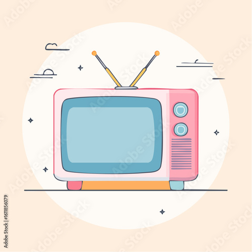 Cute retro pink television with a blue screen round dials and rabbit ear antennae A flat line art illustration of a vintage TV set.