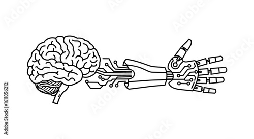 Brain connected to robotic arm with circuit design in line art  
