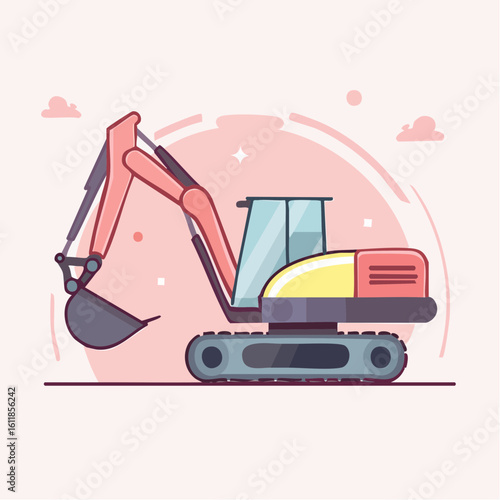 Stylized cartoon excavator with a pink articulated arm and yellow cab Flat vector illustration of heavy construction machinery.