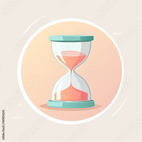A modern stylized glass hourglass with a mint green frame showing pink sand flowing down.