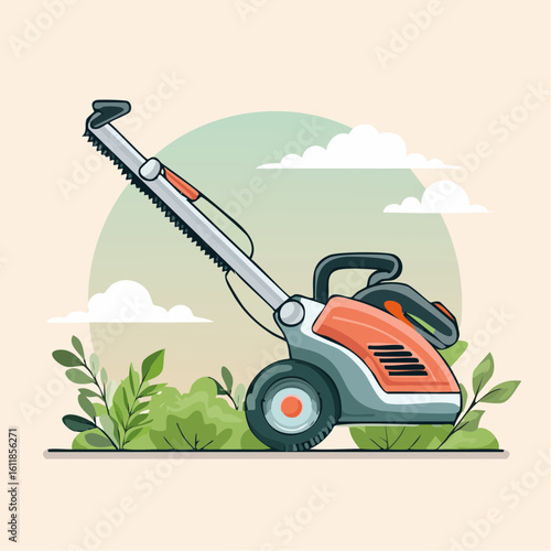 Modern electric hedge trimmer illustration with wheels an orange body and a long serrated cutting blade.