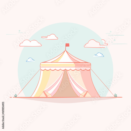 Charming pastel circus tent illustration with pink and yellow stripes a scalloped roof and a small red flag.