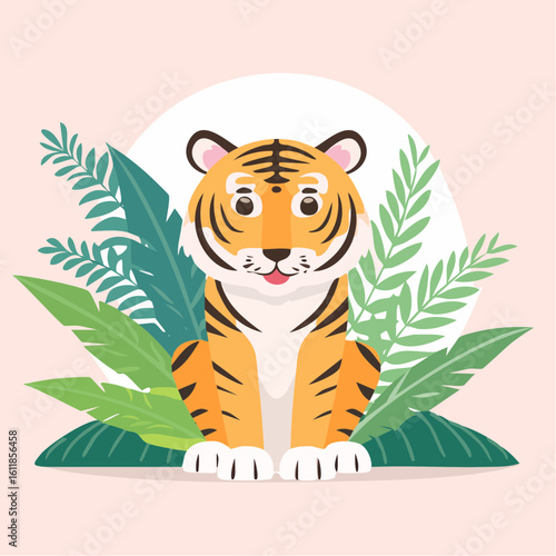 Charming cartoon tiger sitting with a friendly smile Flat design illustration of a cute orange wildcat with black stripes.
