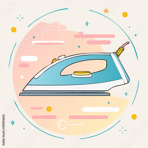 Modern white electric iron illustration with a yellow dial and blue soleplate.