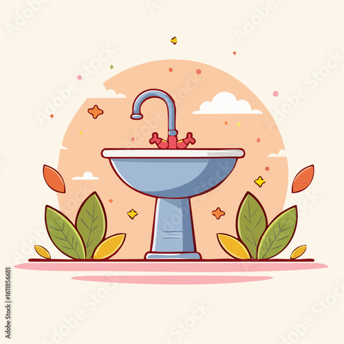 Cartoon pedestal sink illustration with a blue basin curved faucet and red handles.