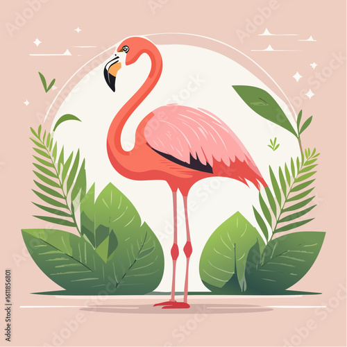 Elegant pink flamingo illustration with a graceful S-curved neck and detailed plumage.