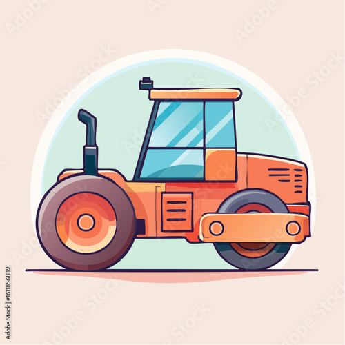 Orange cartoon steamroller with a large white roller illustrated in a clean flat style.