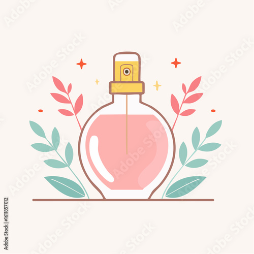 A stylized round glass perfume bottle with pink liquid and a golden atomizer nozzle.