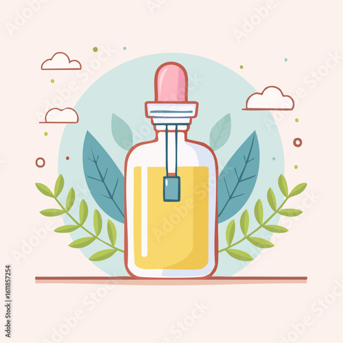 Flat design illustration of a glass dropper bottle with yellow essential oil surrounded by botanical leaves.