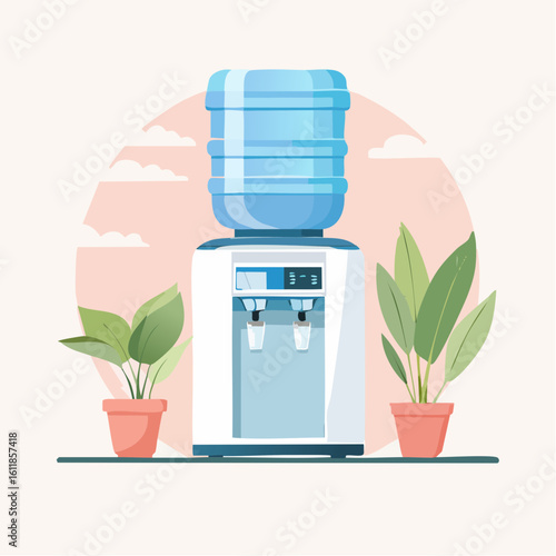 Modern white water cooler with a large blue bottle flanked by two green potted plants.