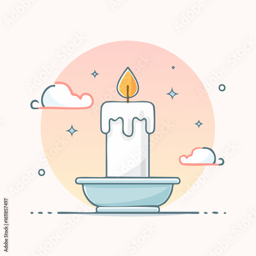 Minimalist line art of a lit white candle with melting wax resting in a light blue holder.